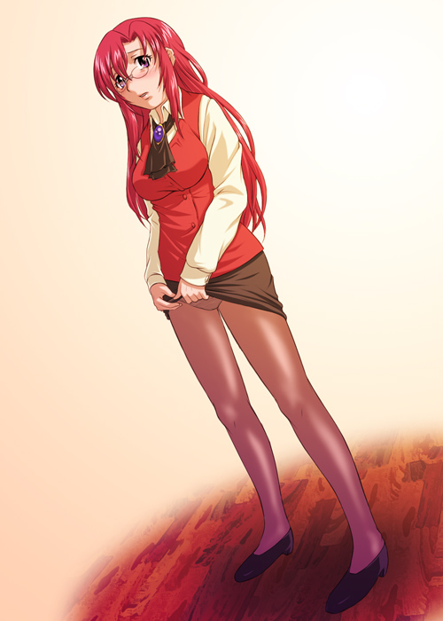 itou nobuhiro, kazami mizuho, onegai teacher, 00s, 1girl, blush, clothes lift, female focus, glasses, legs, long hair, miniskirt, panties, panties under pantyhose, pantyhose, pencil skirt, pince-nez, purple eyes, red hair, skirt, skirt lift, solo, striped clothes, striped panties, teacher, underwear