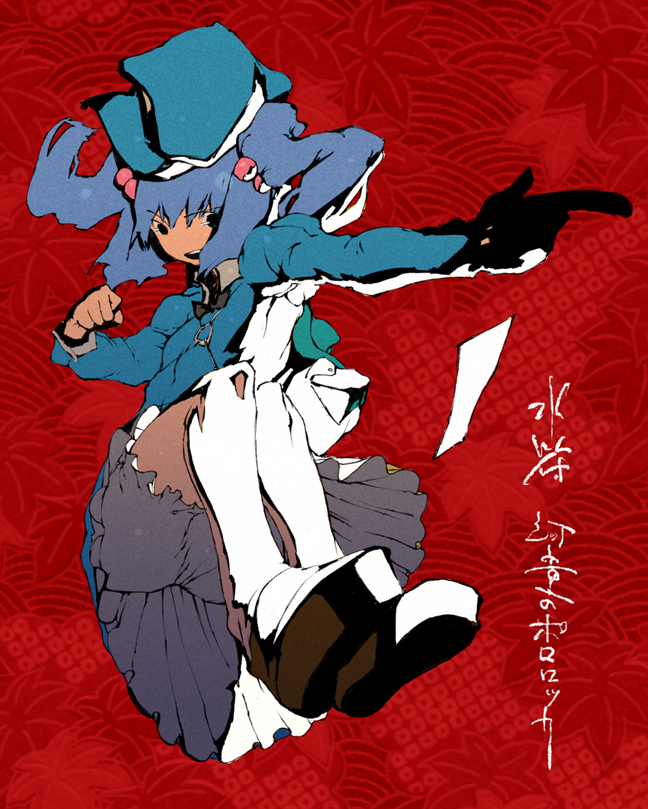 chomoran, kawashiro nitori, touhou, bad id, bad pixiv id, 1girl, backpack, bag, bloomers, blue hair, female focus, hair bobbles, hair ornament, hat, randoseru, solo, twintails, two side up, underwear