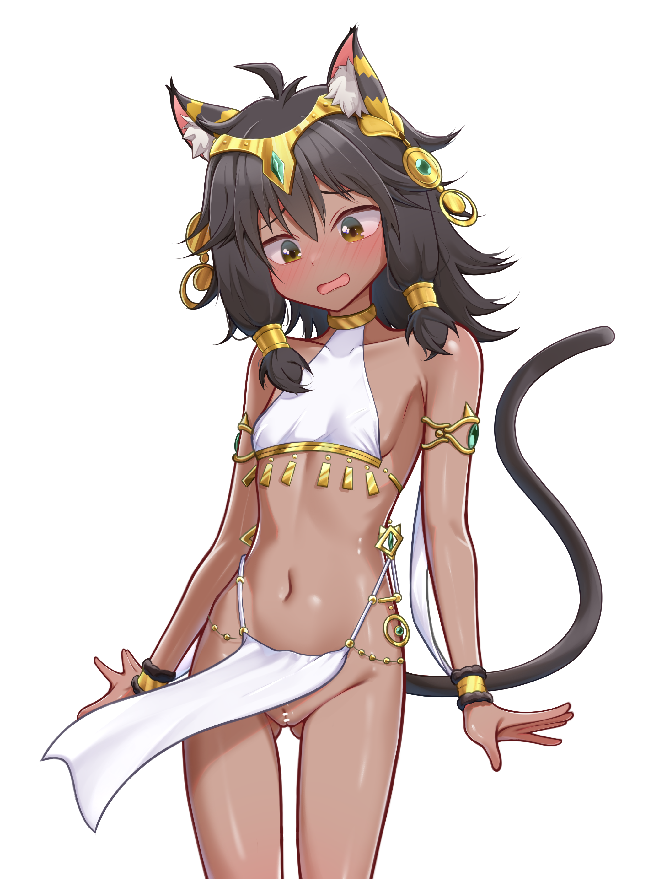 moriforests, tiona hyryute, dungeon ni deai wo motomeru no wa machigatteiru darou ka, absurdres, highres, 1girl, animal ears, bar censor, bare shoulders, black hair, breasts, brown eyes, cat ears, cat girl, cat tail, censored, cowboy shot, dark-skinned female, dark skin, hair ornament, jewelry, loincloth, long hair, looking at viewer, navel, pussy, shiny skin, small breasts, smile, solo, tail