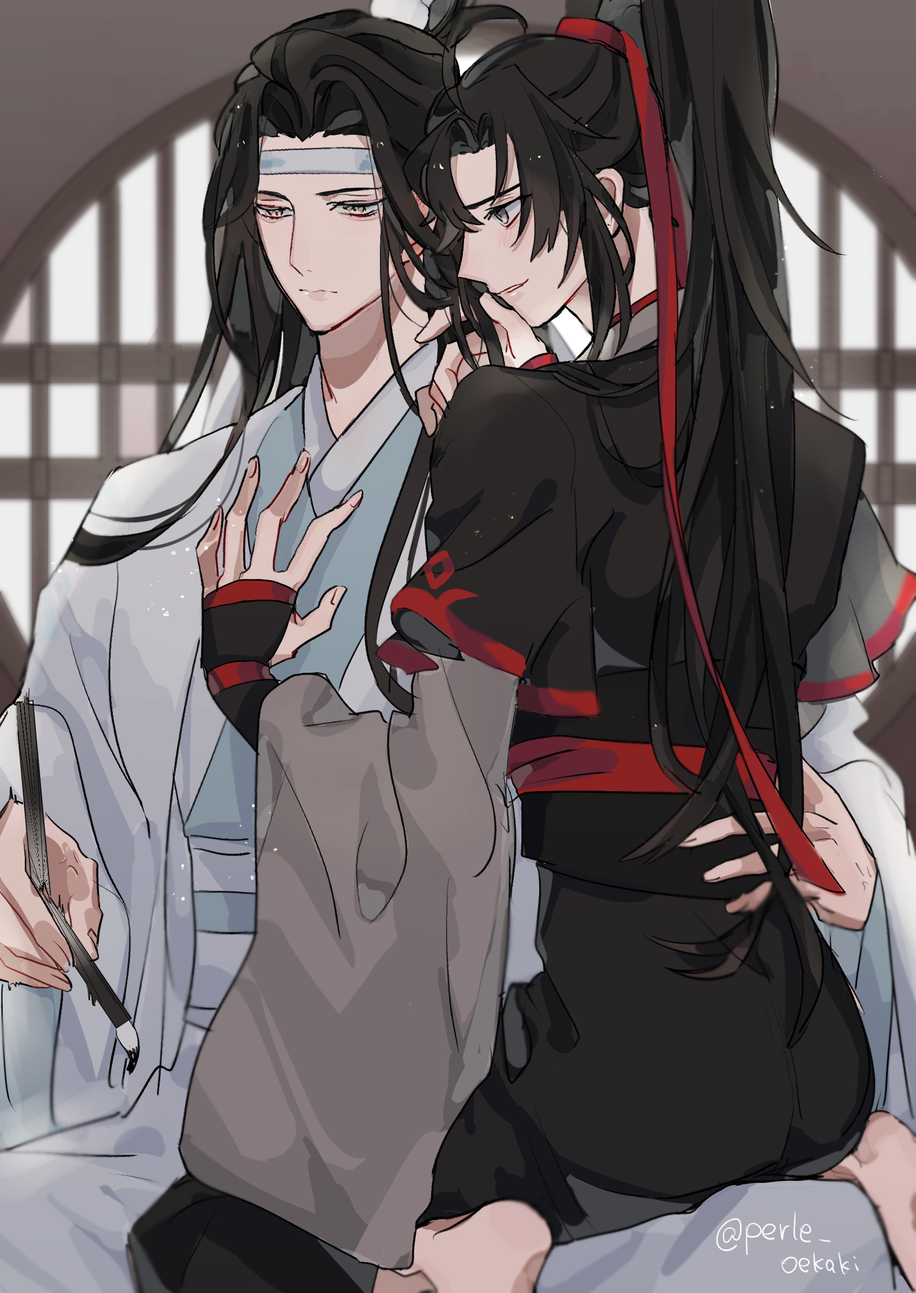 perle oekaki, lan wangji, wei wuxian, modao zushi, absurdres, highres, 2boys, barefoot, black hair, black hanfu, blue sash, calligraphy brush, chinese clothes, closed mouth, couple, grey eyes, hair ribbon, hand in another's hair, hand on another's back, hand on another's chest, hand on another's waist, hanfu, headband, high ponytail, holding, holding another's hair, holding brush, holding calligraphy brush, holding paintbrush, indoors, lattice, long hair, long sleeves, looking at another, male focus, multiple boys, paintbrush, parted lips, ponytail, profile, red ribbon, red sash, ribbon, robe, round window, sash, sitting, sitting on lap, sitting on person, sleeves past wrists, smile, straddling, topknot, twitter username, white hanfu, white headband, wide sleeves, window, xiao guan (headdress), yaoi, yellow eyes
