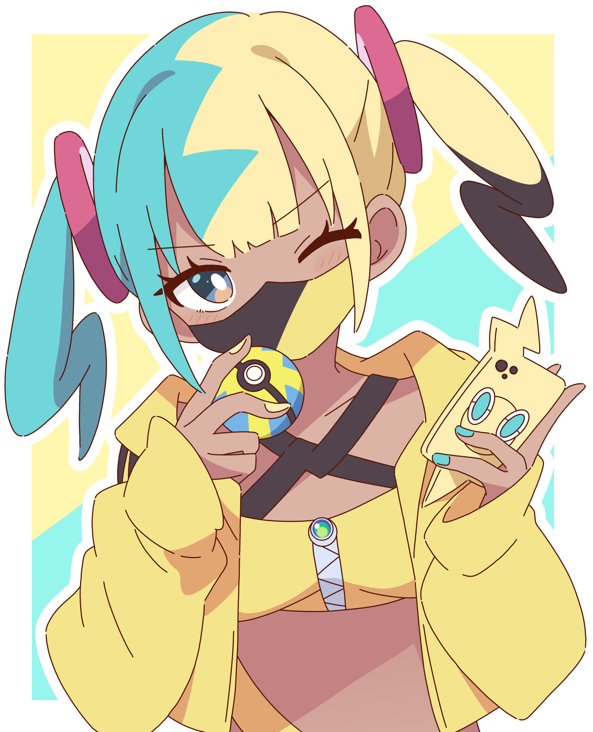 zungurimukkuri tarou, canari (pokemon), nintendo, pokemon, pokemon legends: z-a, absurdres, commentary, highres, 1girl, black hair, blonde hair, blue eyes, blue hair, blunt bangs, blush, border, bright pupils, cellphone, crop top, holding, holding phone, holding poke ball, jacket, long hair, long sleeves, looking at viewer, multicolored hair, one eye closed, open clothes, open jacket, outline, outside border, phone, poke ball, sidelocks, smartphone, solo, split-color hair, twintails, upper body, v-shaped eyebrows, white border, white outline, white pupils, yellow jacket