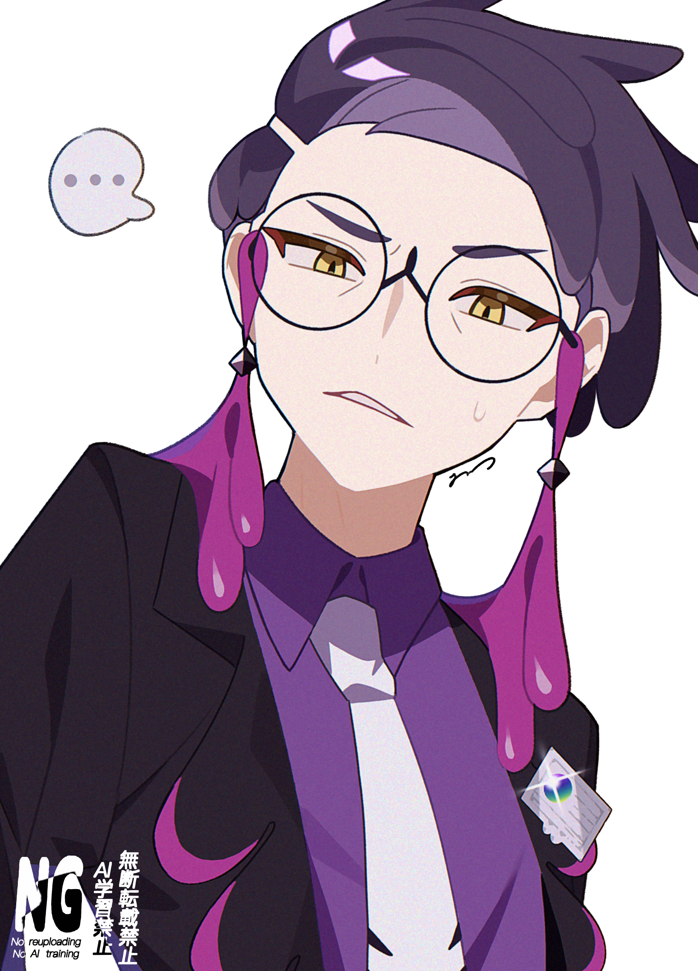 ame akira, corbeau (pokemon), nintendo, pokemon, pokemon legends: z-a, absurdres, commentary request, highres, …, 1boy, black jacket, collared shirt, jacket, lapels, male focus, necktie, nervous sweating, open clothes, open jacket, parted hair, parted lips, purple hair, purple shirt, round eyewear, shirt, short hair, simple background, slit pupils, solo, speech bubble, spoken ellipsis, sweat, tassel, upper body, watermark, white background, white necktie, wing collar, yellow eyes