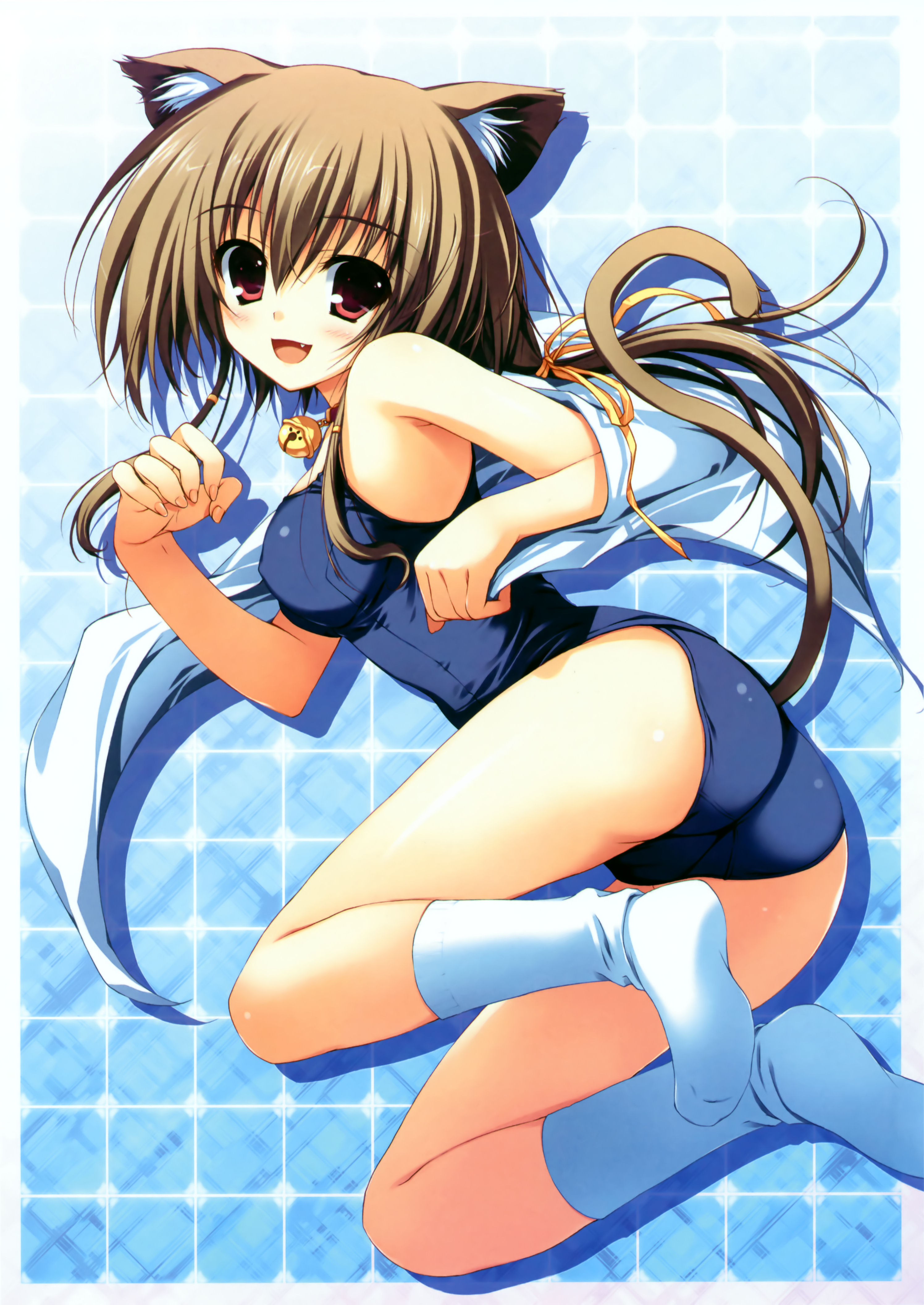 tomose shunsaku, original, absurdres, highres, 1girl, :d, animal ears, armpits, ass, bare shoulders, breasts, brown hair, fang, feet, female focus, fingernails, kneehighs, legs, one-piece swimsuit, open mouth, paw pose, red eyes, school swimsuit, shadow, smile, socks, solo, swimsuit, tail, thighs