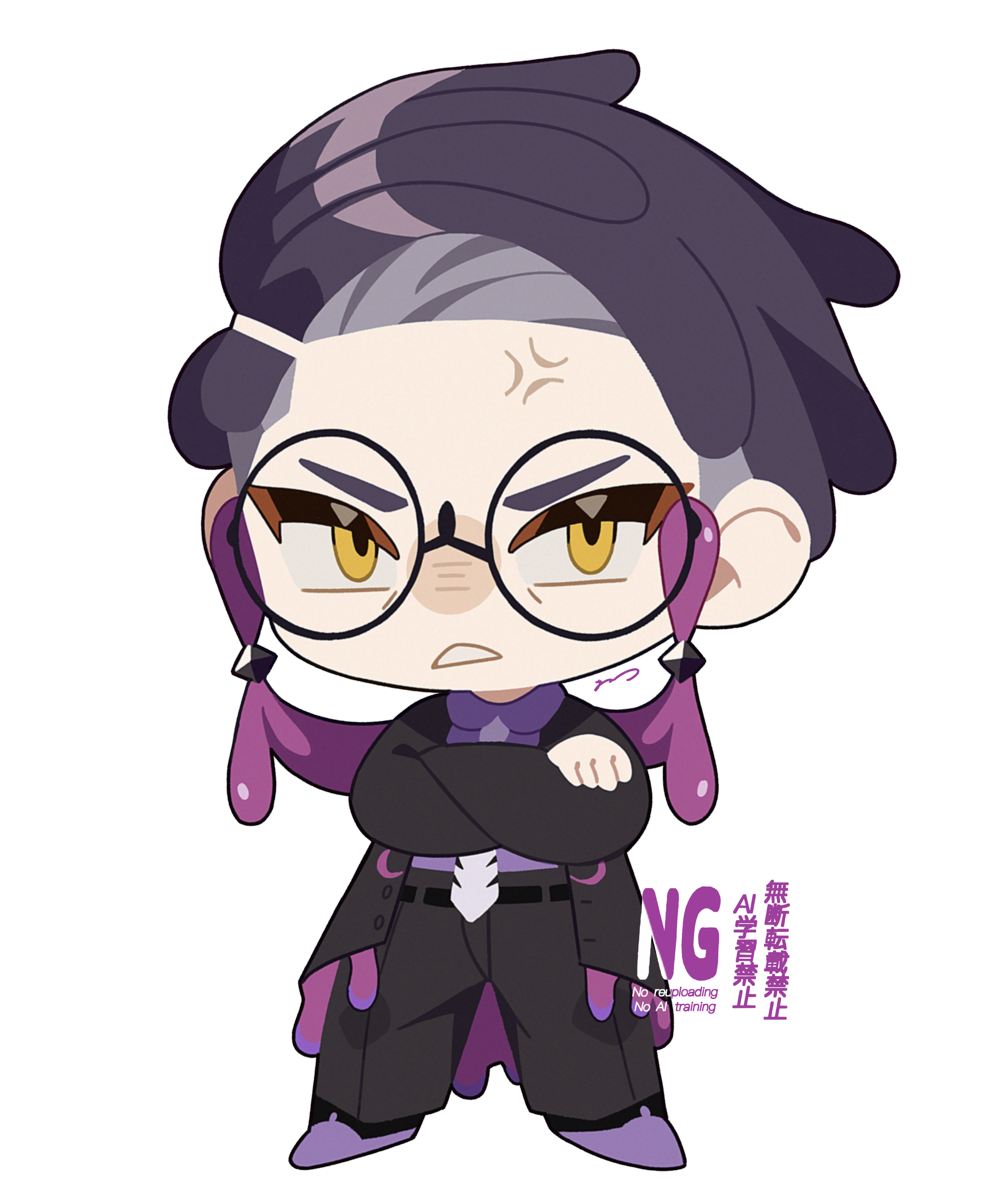 ame akira, corbeau (pokemon), nintendo, pokemon, pokemon legends: z-a, absurdres, commentary request, highres, 1boy, anger vein, black-framed eyewear, black hair, chibi, chibi only, coat, collared shirt, crossed arms, full body, glasses, looking at viewer, male focus, necktie, open clothes, open coat, pants, purple shirt, purple shoes, shirt, shoes, short hair, simple background, solo, standing, teeth, watermark, white background, yellow eyes
