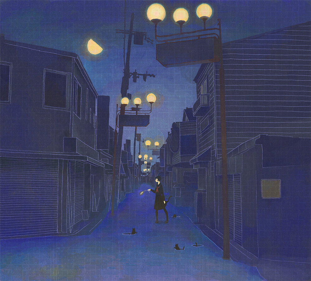 kumaori jun, original, bad id, bad pixiv id, tagme, 1girl, cat, female focus, moon, night, school uniform, serafuku, solo