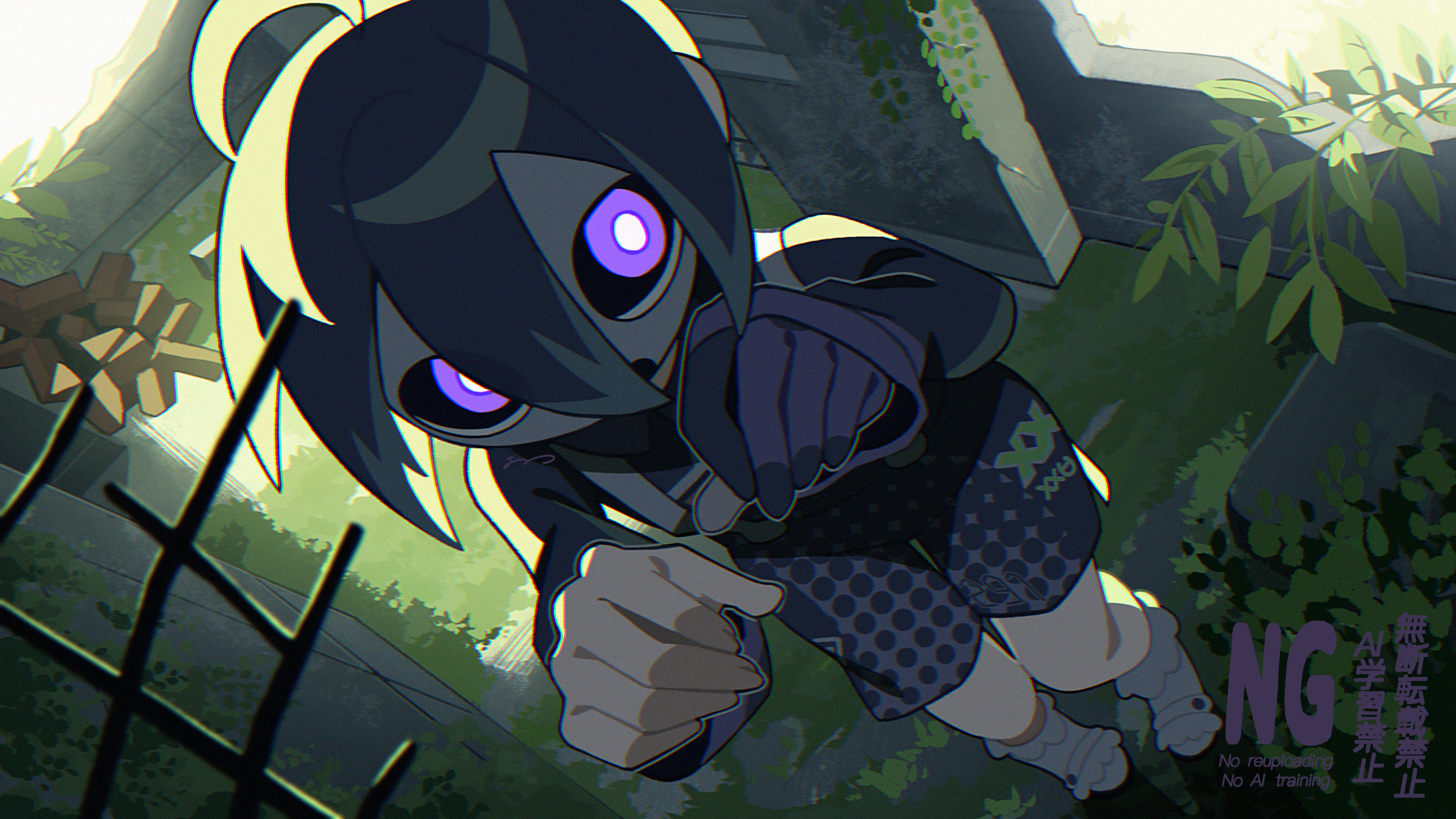 ame akira, allister (pokemon), nintendo, pokemon, pokemon swsh, absurdres, commentary request, highres, 1boy, ahoge, black hair, black shirt, bright pupils, gloves, glowing, glowing eyes, hands up, long bangs, male focus, mask, partially fingerless gloves, pigeon-toed, plant, print shorts, purple eyes, shirt, shoes, short hair, shorts, single glove, socks, solo, standing, suspenders, watermark, white pupils
