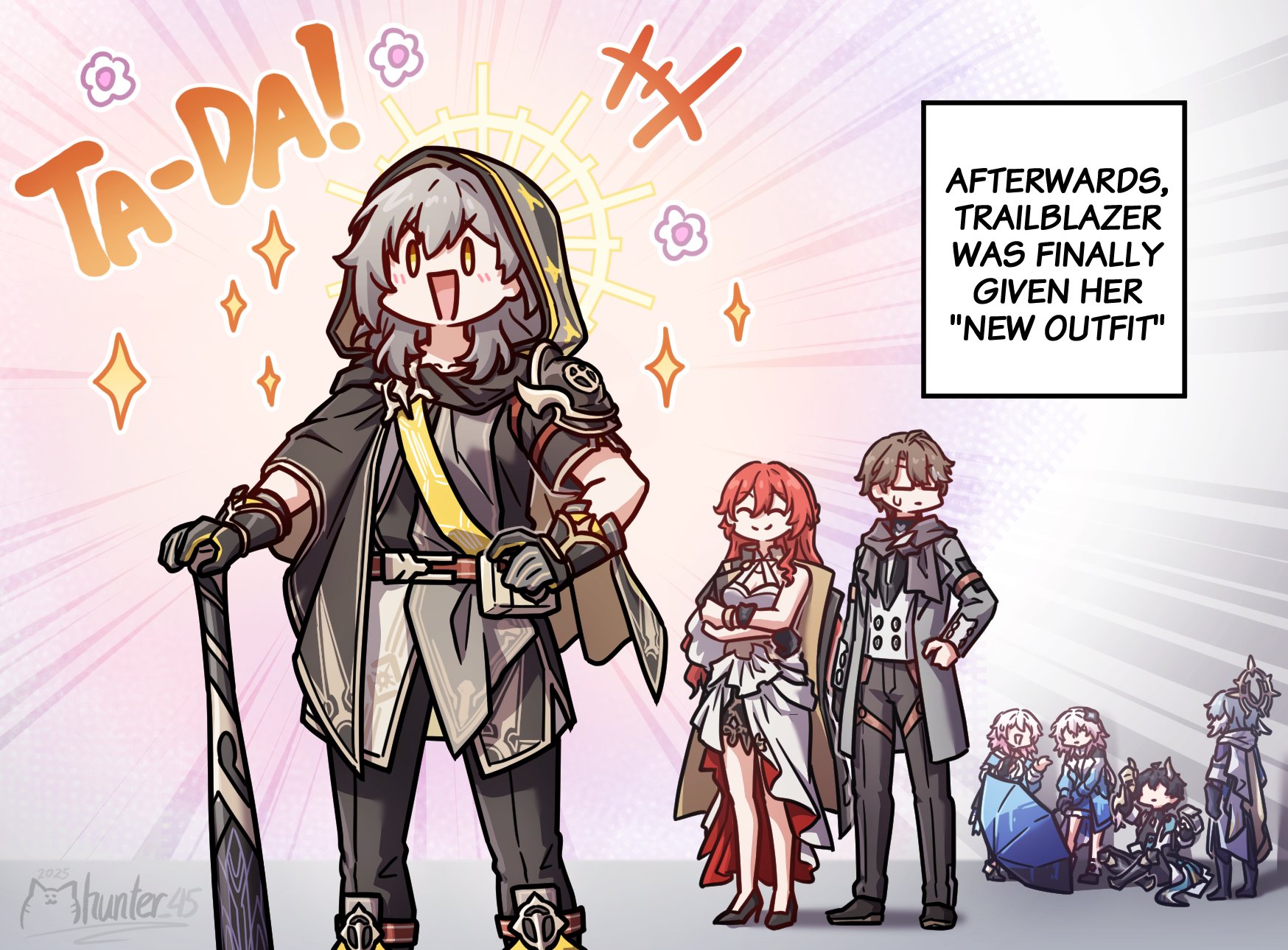 mhunter 45, dan heng (honkai: star rail), dan heng (permansor terrae) (honkai: star rail), evernight (honkai: star rail), himeko (honkai: star rail), march 7th (honkai: star rail), stelle (honkai: star rail), sunday (honkai: star rail), trailblazer (honkai: star rail), welt yang, honkai: star rail, honkai (series), highres, 3boys, 4girls, alternate costume, black flower, black gloves, black hair, black pants, black shirt, black shoes, breasts, brown hair, closed mouth, coat, dragon boy, dragon horns, dress, dual persona, english text, feet out of frame, flower, full body, gloves, grey hair, grey scarf, hair between eyes, hair flower, hair ornament, halo, halo behind head, happy, head wings, high heels, holding, holding umbrella, horns, long hair, long sleeves, multiple boys, multiple girls, official alternate costume, open mouth, pants, pink hair, red hair, scarf, shirt, shoes, short hair, smile, spiked halo, standing, star (symbol), sweatdrop, umbrella, white coat, white dress, wings, yellow horns
