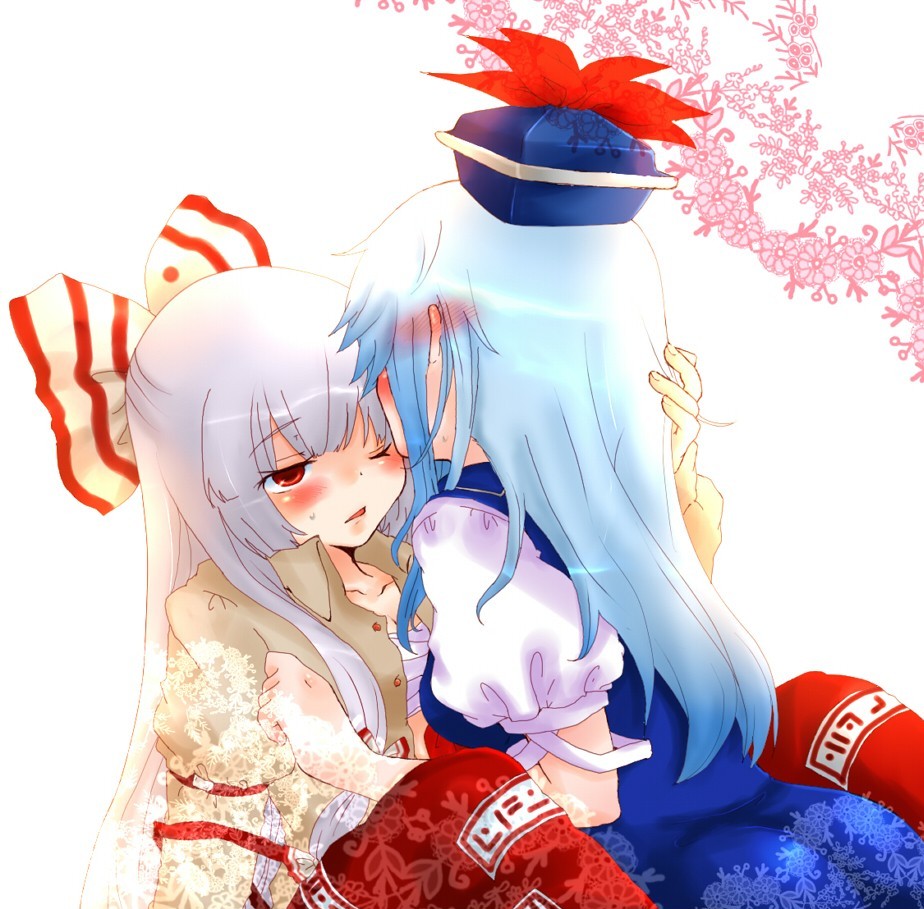 takamura, fujiwara no mokou, kamishirasawa keine, touhou, bad id, bad pixiv id, 2girls, blush, female focus, multiple girls, yuri