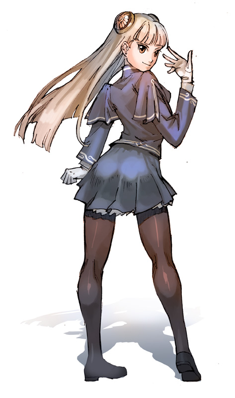asa (pixiv56305), asa (y-asa), ingrid (capcom), capcom, capcom fighting jam, 1girl, blonde hair, bun cover, double bun, female focus, from behind, gloves, hair bun, hairpods, long hair, looking back, mary janes, pantyhose, red eyes, shoes, solo