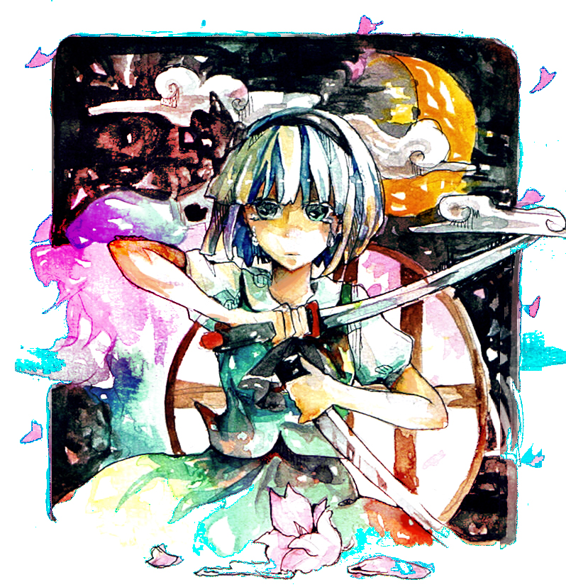 agishi, konpaku youmu, touhou, silver hair, bad id, bad pixiv id, 1girl, abstract, blue eyes, cloud, crescent moon, expressionless, female focus, holding, holding sword, holding weapon, katana, looking at viewer, moon, puffy short sleeves, puffy sleeves, short hair, short sleeves, solo, sword, tears, weapon