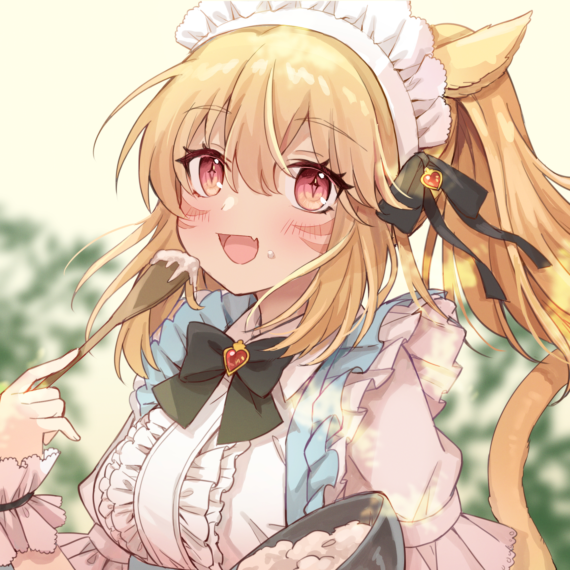 mochizuki inochi, original, highres, 1girl, :d, animal ears, black bow, black bowtie, black ribbon, blonde hair, blush, bow, bowl, bowtie, cat ears, cat girl, cat tail, center frills, collared shirt, fang, food, food on face, frilled sleeves, frills, hair between eyes, long hair, maid headdress, open mouth, ponytail, portrait, red eyes, ribbon, shirt, short sleeves, skin fang, smile, solo, tail, upper body, white shirt