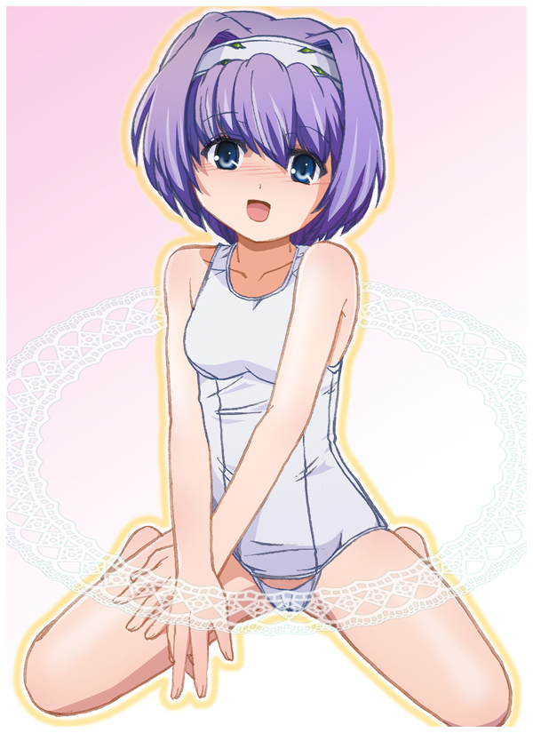 ryuu ryuu, exelica, trigger heart exelica, 1girl, barefoot, blue eyes, blush, breasts, collarbone, eye contact, female focus, gradient background, hairband, looking at another, looking at viewer, magic circle, one-piece swimsuit, open mouth, pink background, purple hair, school swimsuit, short hair, small breasts, smile, solo, swimsuit, white one-piece swimsuit, white school swimsuit