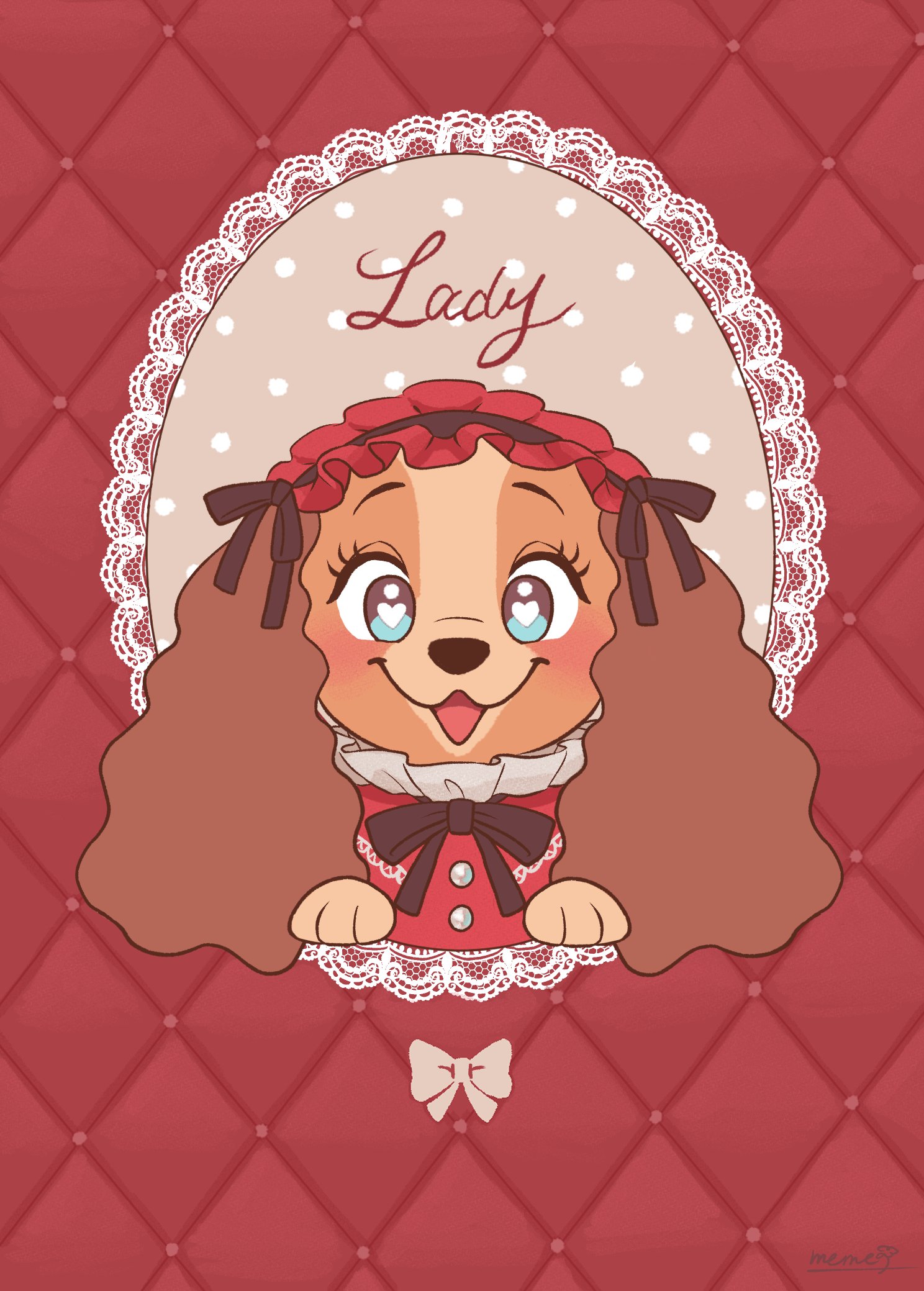 meme (penpengusa no meme), lady (disney), lady and the tramp, highres, 1girl, animal ears, animification, blue eyes, bow, brown eyes, brown hair, character name, dog, dog ears, dog girl, long hair, open mouth, simple background, smile, wavy hair