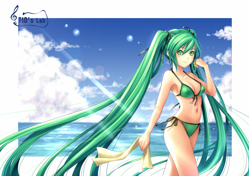 tidsean, hatsune miku, vocaloid, bad id, bad pixiv id, 1girl, beach, bikini, day, female focus, green bikini, green eyes, green hair, halterneck, long hair, outdoors, side-tie bikini bottom, solo, string bikini, swimsuit, twintails, very long hair
