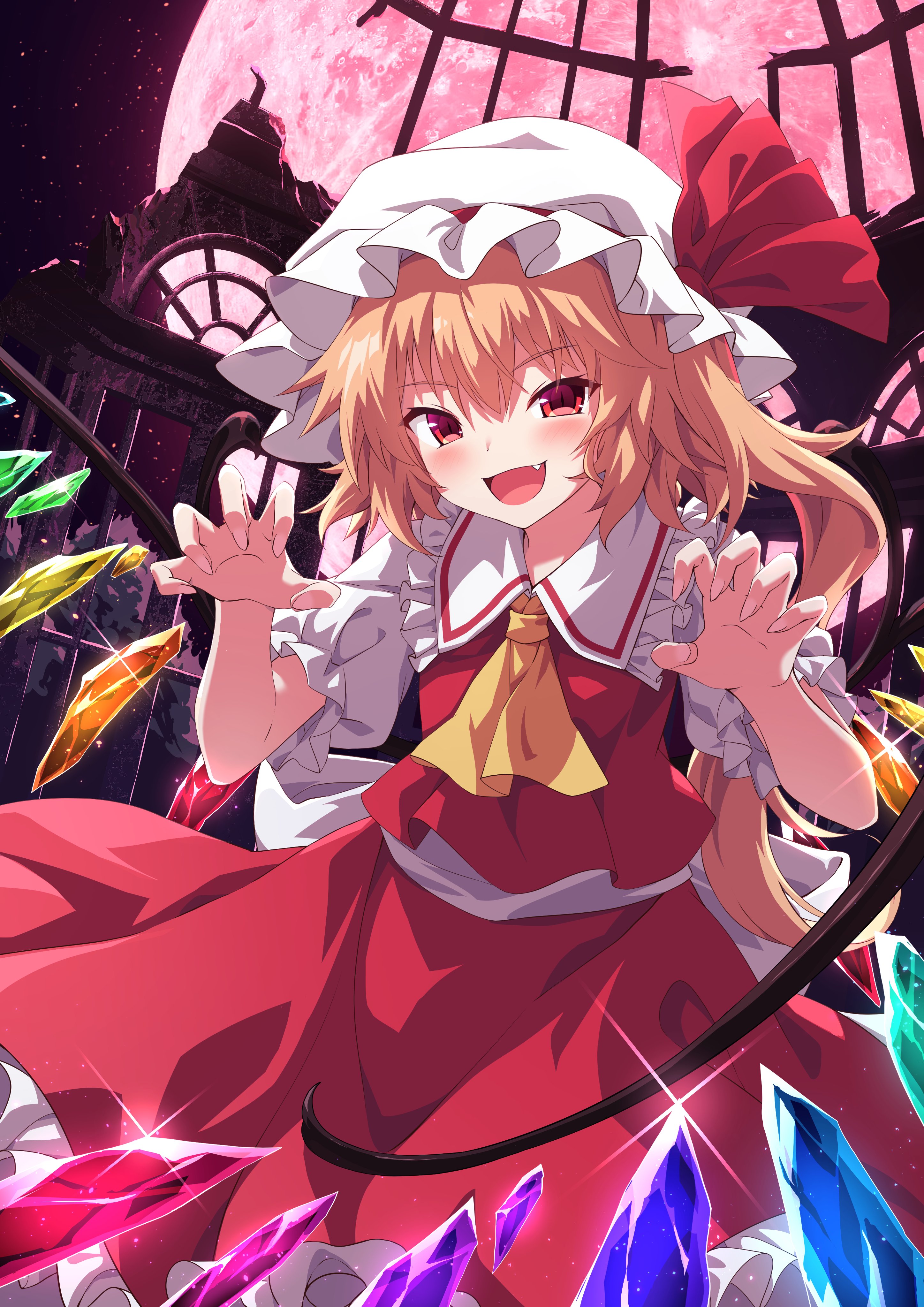 ugume, flandre scarlet, touhou, absurdres, commentary, highres, 1girl, :d, ascot, birdcage, blonde hair, blush, bow, cage, claw pose, cowboy shot, crystal, crystal wings, fang, frilled shirt collar, frilled skirt, frills, full moon, glint, hair between eyes, hands up, happy, hat, hat ribbon, looking at viewer, mob cap, moon, multicolored wings, night, open mouth, outdoors, puffy short sleeves, puffy sleeves, red eyes, red moon, red shirt, red skirt, red vest, ribbon, shirt, short hair, short sleeves, side ponytail, skirt, skirt set, sleeveless, sleeveless shirt, slit pupils, smile, solo, spiked hair, tsurime, vampire, vest, white hat, white shirt, wings, yellow ascot