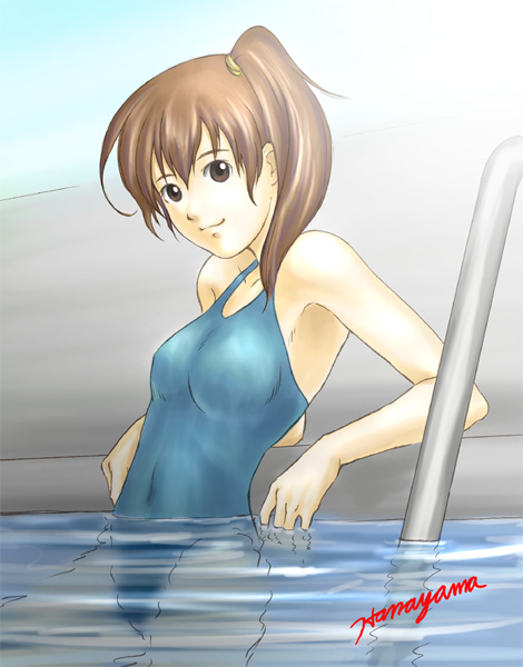 hanayama tooru, 1girl, armpits, brown eyes, brown hair, competition swimsuit, covered navel, female focus, head tilt, long hair, looking at viewer, one-piece swimsuit, ponytail, pool, pool ladder, poolside, side ponytail, smile, solo, swimsuit