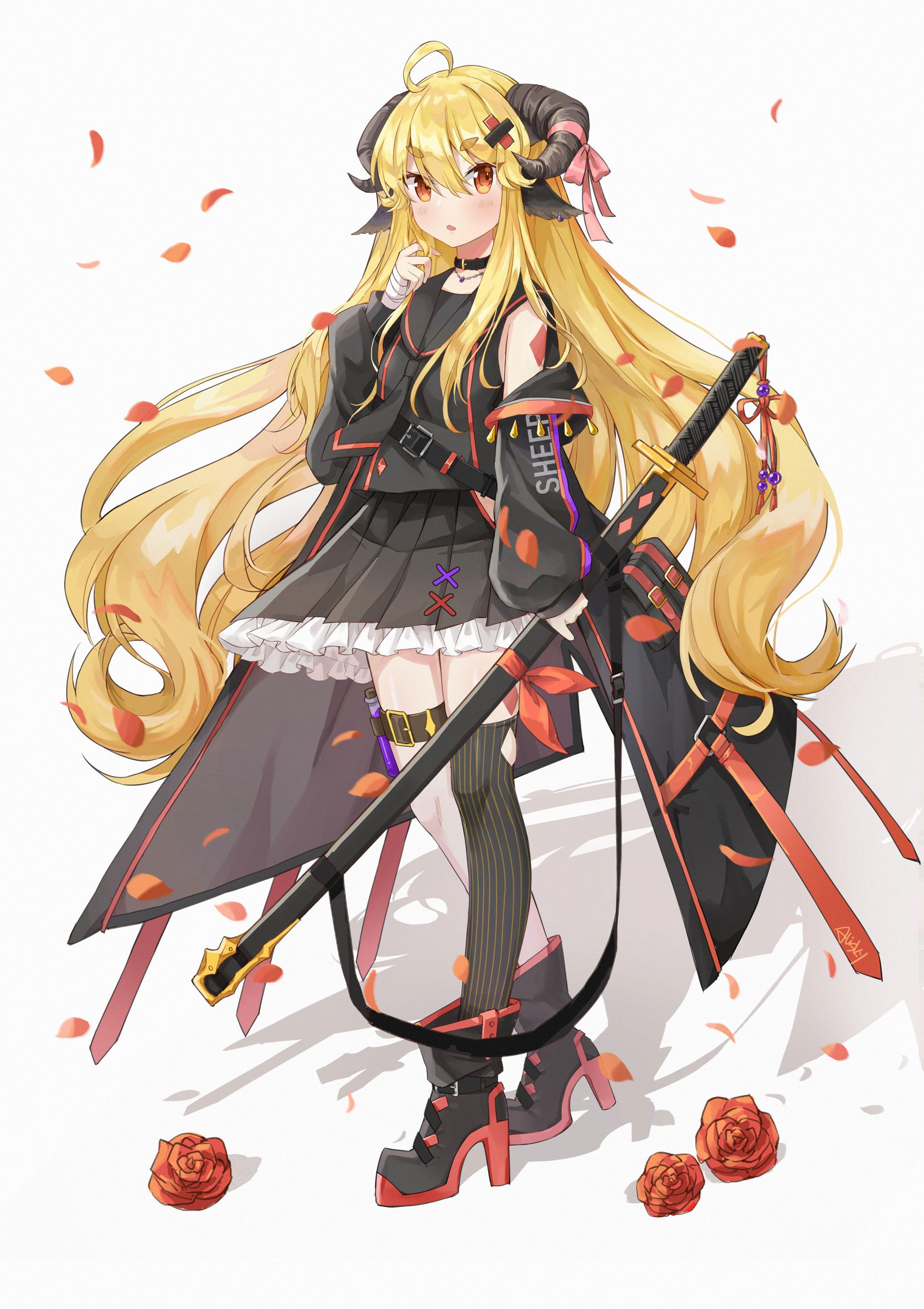 mochizuki inochi, original, absurdres, highres, 1girl, ahoge, bare shoulders, belt, black choker, black horns, black shirt, black skirt, black thighhighs, blonde hair, blush, boots, choker, flower, frilled skirt, frilled thighhighs, frills, full body, hair between eyes, hand up, high heel boots, high heels, holding, holding sword, holding weapon, horns, jewelry, long hair, long sleeves, looking at viewer, necklace, open mouth, orange eyes, petals, pleated skirt, red flower, red rose, rose, shirt, simple background, single thighhigh, skirt, solo, standing, sword, thick eyebrows, thigh belt, thigh strap, thighhighs, weapon, white background