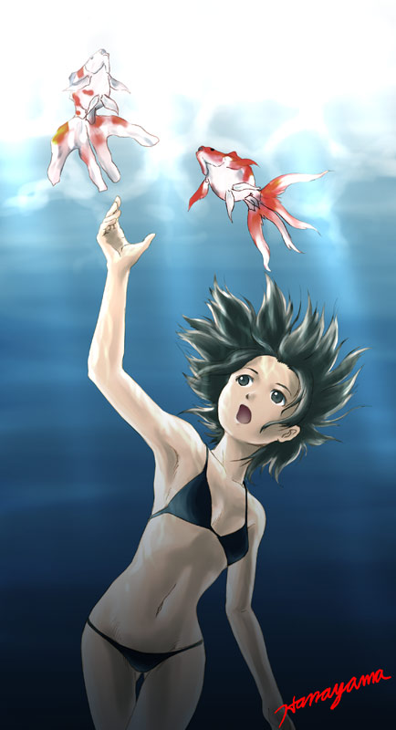hanayama tooru, bikini, black bikini, black eyes, black hair, fish, freediving, goldfish, short hair, solo, swimming, swimsuit, underwater