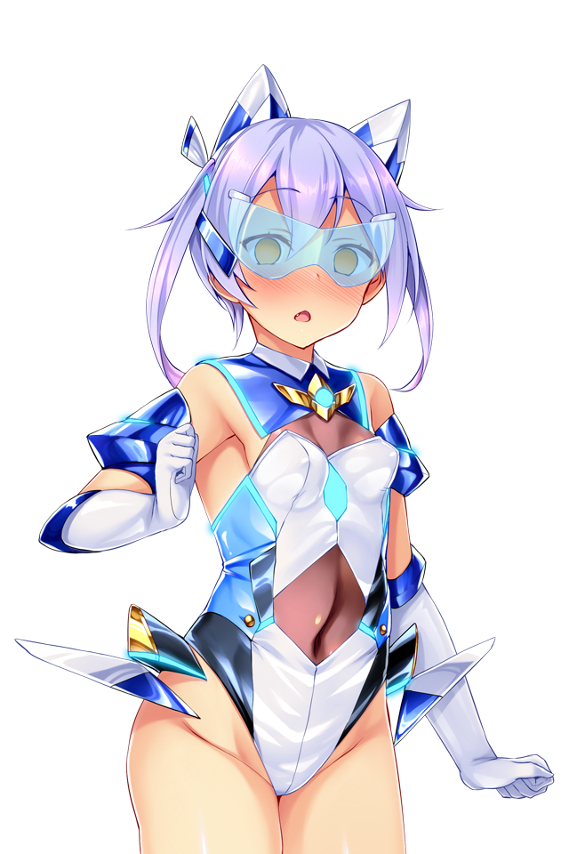 satou kuuki, fujii natsumi (ysphere), ys aqua, soukou seiki ysphere, game cg, large variant set, non-web source, official art, variant set, 1girl, bare shoulders, blue-tinted eyewear, blush, breasts, chest jewel, chestnut mouth, covered erect nipples, covered navel, cowboy shot, elbow gloves, empty eyes, gloves, headgear, highleg, highleg leotard, leotard, looking at viewer, magical girl, open mouth, purple hair, short hair, simple background, skin tight, small breasts, solo, standing, thighhighs, tinted eyewear, transparent background, twintails, white background, white gloves, white leotard, yellow eyes
