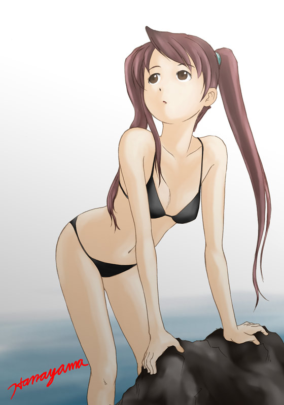 hanayama tooru, 1girl, arm support, artist name, bikini, black bikini, breasts, brown eyes, brown hair, collarbone, cropped legs, female focus, gradient background, leaning forward, long hair, looking up, navel, ponytail, side ponytail, solo, swimsuit