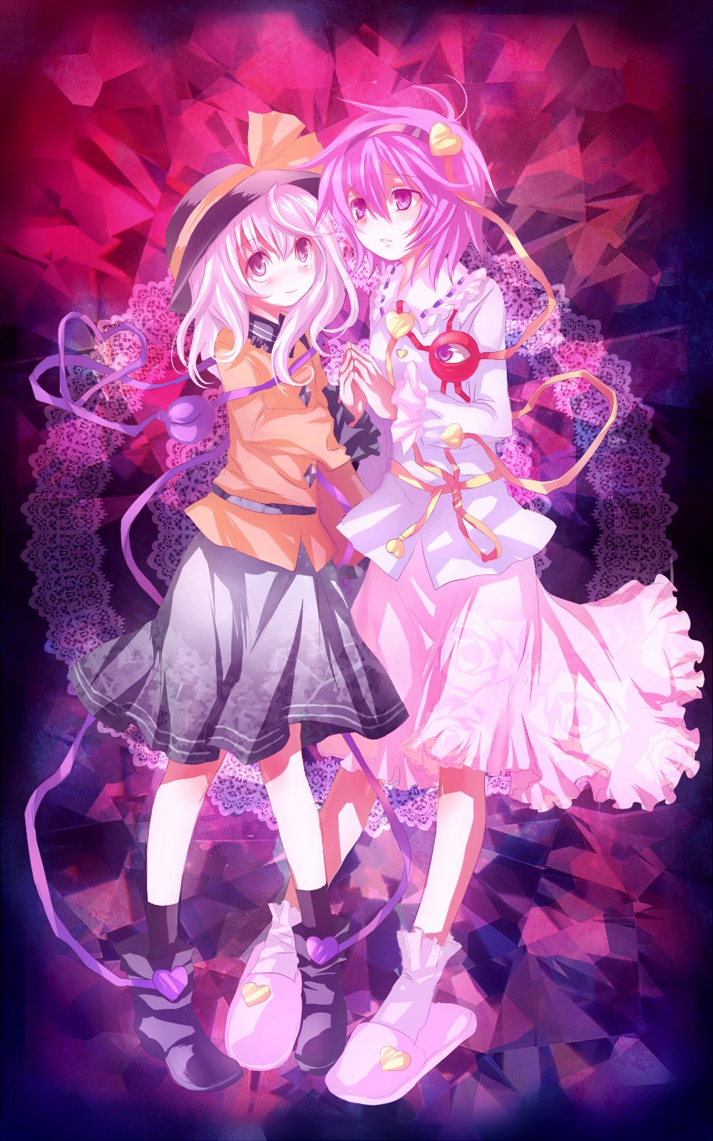 neme, komeiji koishi, komeiji satori, touhou, bad id, bad pixiv id, highres, 2girls, female focus, multiple girls, pink slippers, siblings, sisters, slippers