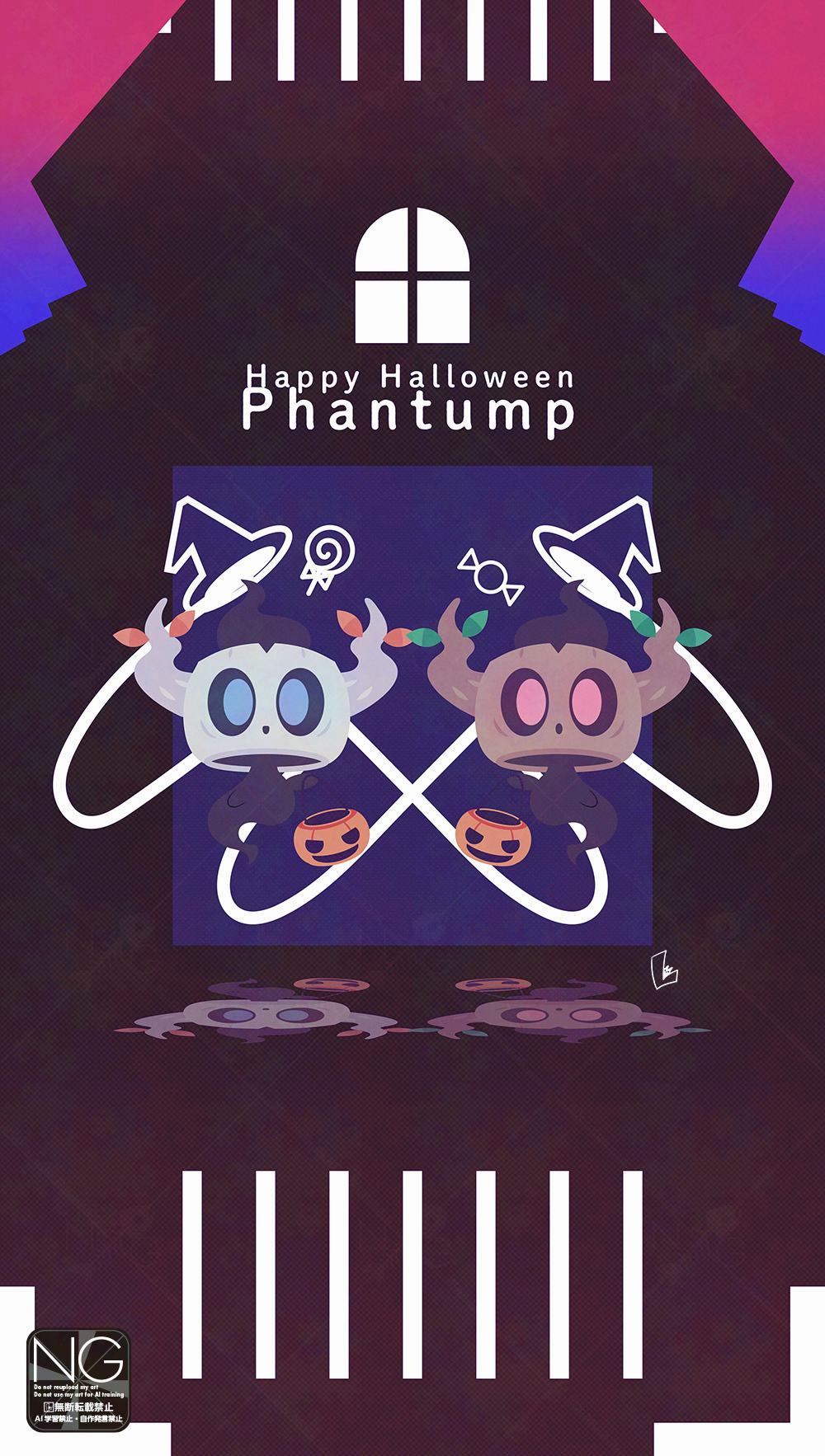 meme (sleepsheep), phantump, nintendo, pokemon, highres, alternate color, blue eyes, candy, colored sclera, food, full body, gen 6 pokemon, halloween, hat, lollipop, looking at viewer, no humans, open mouth, pokemon (creature), pokemon focus, pumpkin, red eyes, reflection, shiny pokemon, swirl lollipop, witch hat