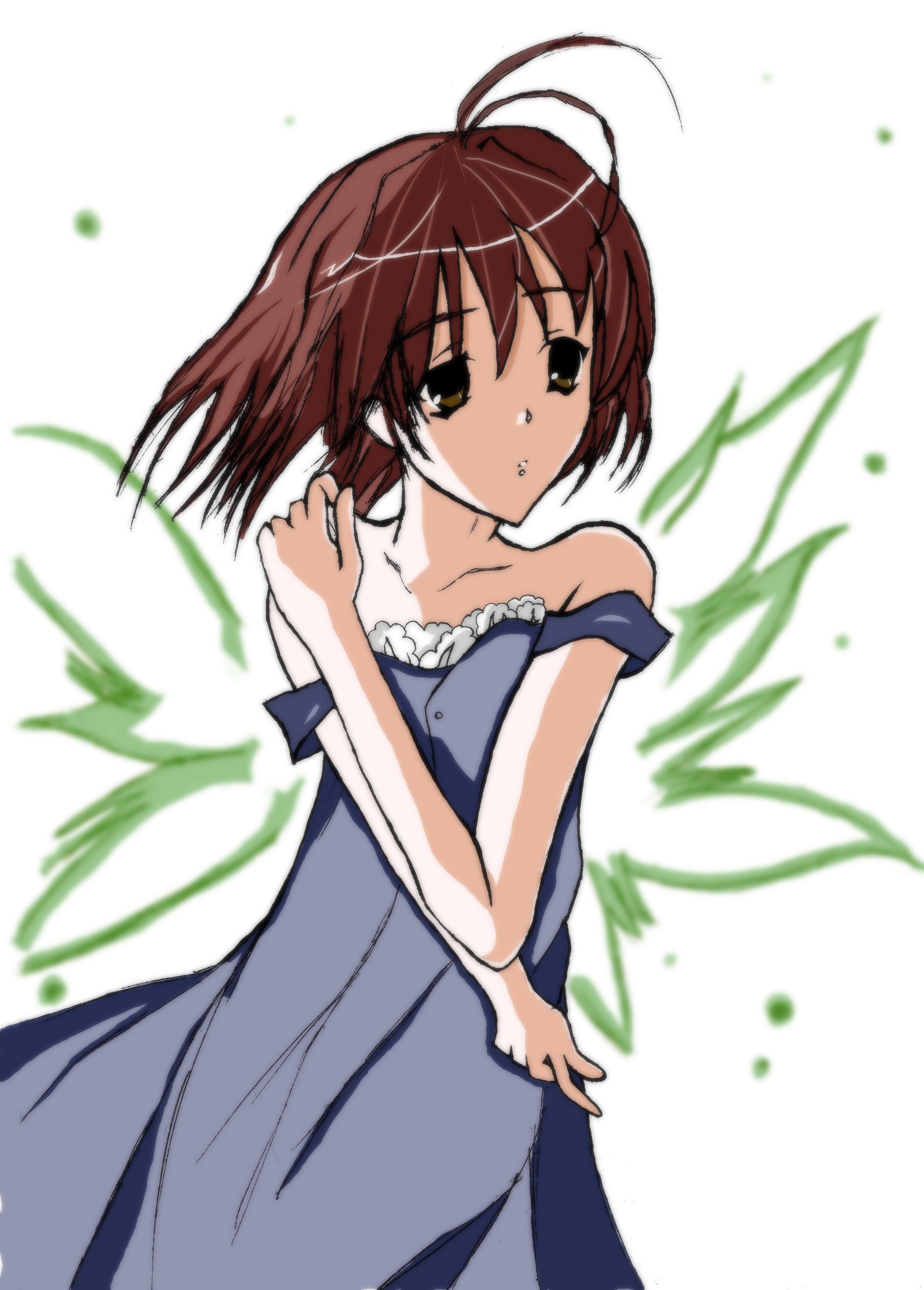 yuuki tsumugi (number), furukawa nagisa, yuuki tsumugi, clannad, absurdres, bad id, bad pixiv id, highres, 00s, antenna hair, brown eyes, brown hair, short hair, solo, wings