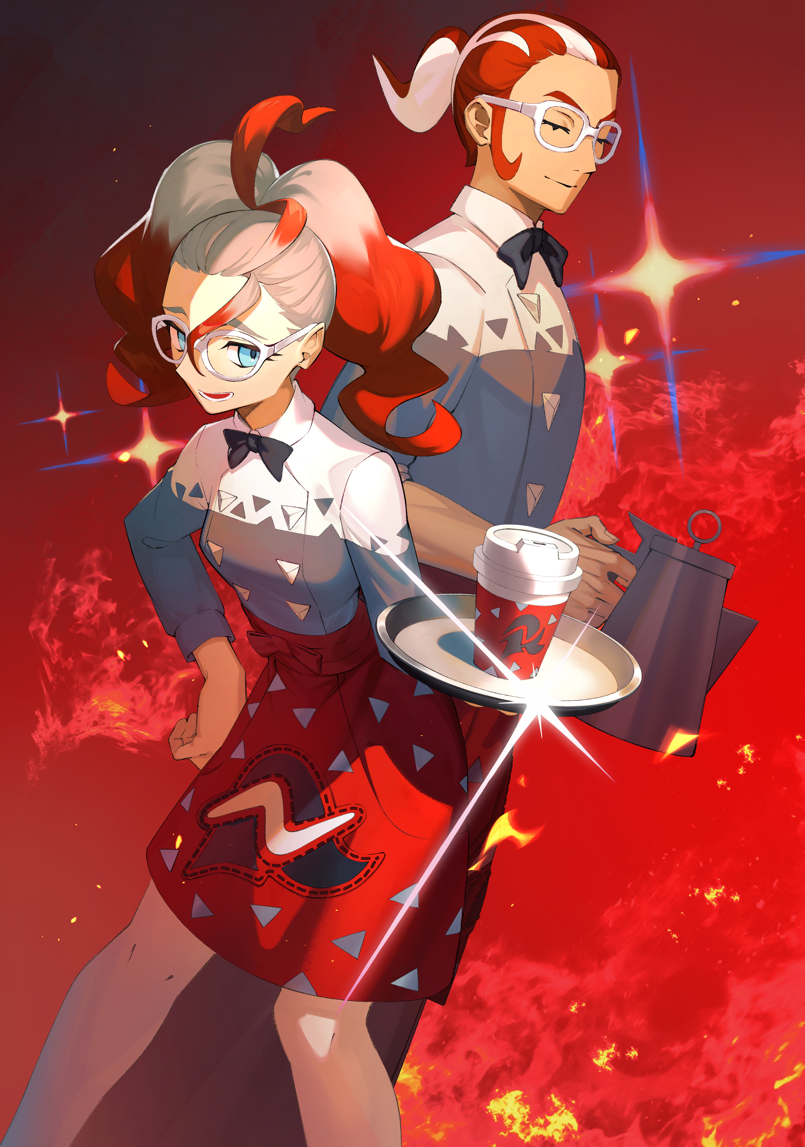 teo (telo ruka), nintendo, pokemon, pokemon legends: z-a, absurdres, commentary request, highres, 1boy, 1girl, :d, apron, black bow, black bowtie, blue eyes, bow, bowtie, closed mouth, collared shirt, cup, disposable coffee cup, disposable cup, glasses, glint, griselle (pokemon), grisham (pokemon), hand on own hip, holding, holding tray, knees, looking to the side, multicolored hair, open mouth, ponytail, red apron, shirt, smile, squatting, tray, waist apron, waitress, white-framed eyewear, white shirt