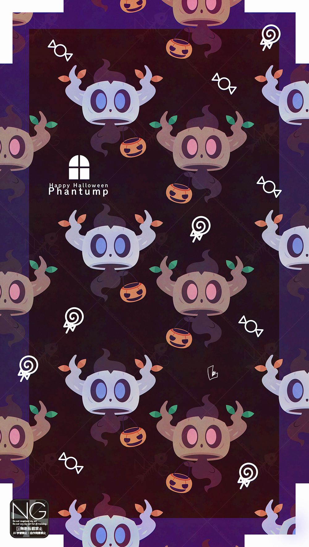 meme (sleepsheep), phantump, nintendo, pokemon, highres, alternate color, blue eyes, candy, colored sclera, food, full body, gen 6 pokemon, halloween, hat, lollipop, looking at viewer, no humans, open mouth, pokemon (creature), pokemon focus, pumpkin, red eyes, shiny pokemon, swirl lollipop, witch hat