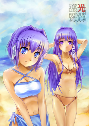 bla (artist), fujibayashi kyou, fujibayashi ryou, clannad, lowres, 00s, 2girls, armpits, beach, bikini, blue eyes, breasts, cleavage, day, hair intakes, halterneck, long hair, medium breasts, multiple girls, outdoors, purple eyes, purple hair, sarong, short hair, siblings, sisters, swimsuit, twins