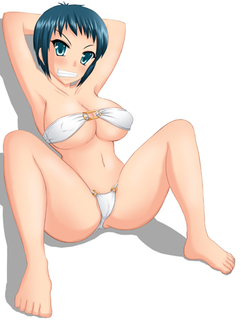 kikko, original, lowres, 1girl, bad anatomy, barefoot, bikini, blue hair, feet, female focus, green eyes, poorly drawn, short hair, solo, spread legs, swimsuit