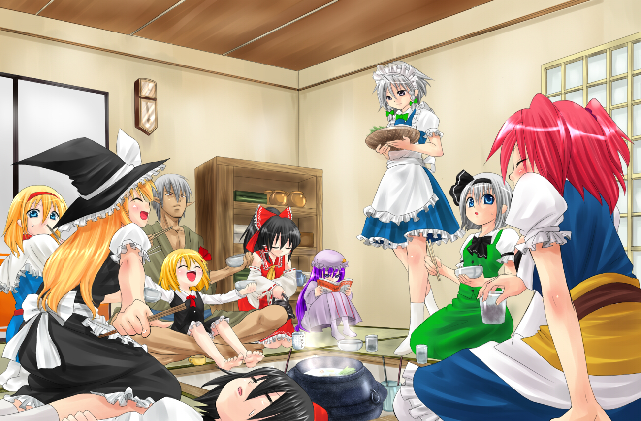 nagare, alice margatroid, buront, elvaan, hakurei reimu, izayoi sakuya, kirisame marisa, konpaku youmu, onozuka komachi, patchouli knowledge, rumia, shameimaru aya, final fantasy, final fantasy xi, shoot the bullet, the iron of yin and yang, touhou, 00s, 1boy, 6+girls, barefoot, blonde hair, breasts, dress, elf, hat, indoors, maid, multiple girls, pointy ears, red eyes