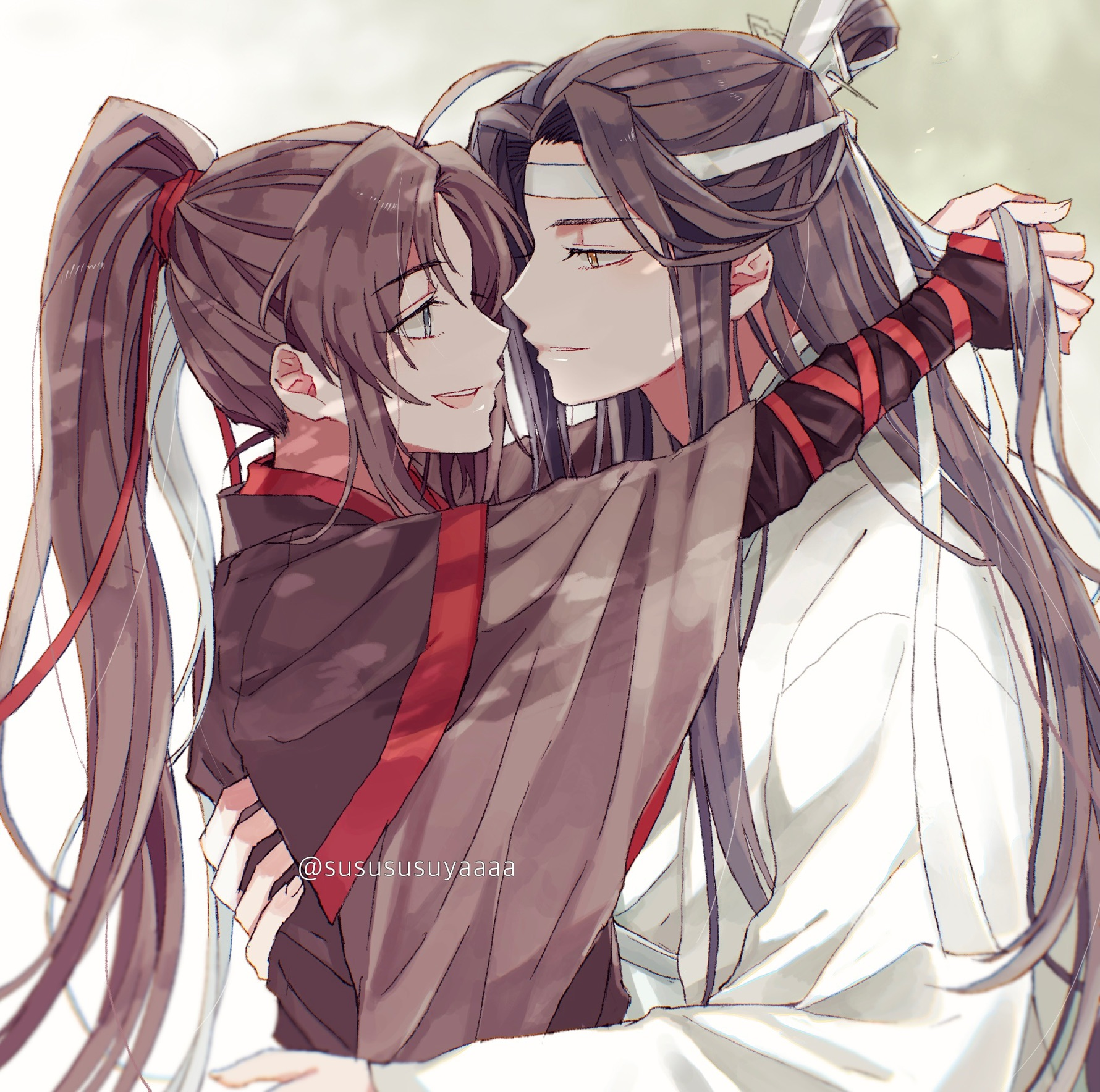lan wangji, wei wuxian, modao zushi, highres, 2boys, ahoge, bishounen, black hair, black hanfu, brown hair, chinese clothes, couple, dappled sunlight, eye contact, from side, grey eyes, hair ribbon, hanfu, headband, high ponytail, holding another's hair, hug, long hair, long sleeves, looking at another, male focus, multiple boys, open mouth, parted lips, ponytail, profile, red ribbon, ribbon, robe, sidelocks, sleeves past wrists, smile, sunlight, topknot, twitter username, upper body, white hanfu, white headband, wide sleeves, xiao guan (headdress), yaichi00, yaoi, yellow eyes