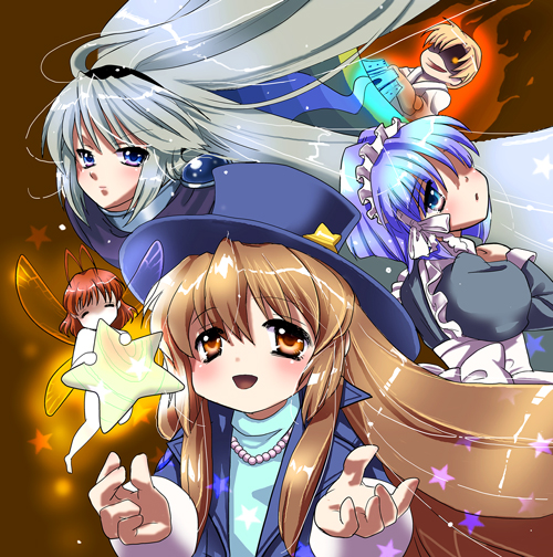 bt (shio oninko), buri, fujibayashi ryou, furukawa nagisa, ibuki fuuko, sakagami tomoyo, sunohara youhei, clannad, bad id, bad pixiv id, 1boy, 4girls, fairy, magician, maid, multiple girls, parody, star (symbol)