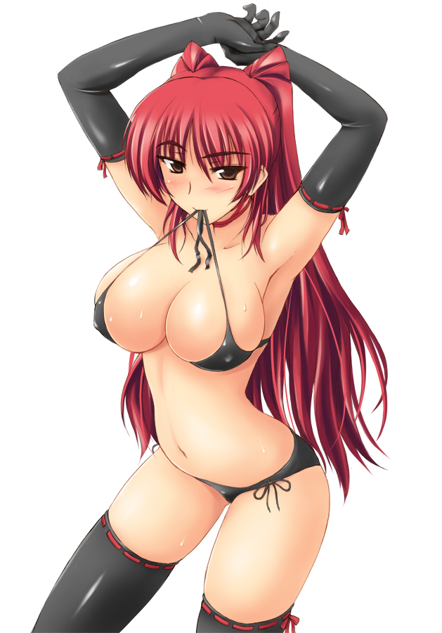 zekkyon, kousaka tamaki, to heart (series), to heart 2, 00s, 1girl, armpits, arms up, bikini, bikini in mouth, black bikini, black gloves, blush, bow, bow legwear, breasts, brown eyes, bursting breasts, choker, cleavage, clothes in mouth, covered erect nipples, cowboy shot, elbow gloves, female focus, front-tie top, gloves, hair between eyes, halterneck, large breasts, long hair, looking at viewer, mouth hold, naughty face, navel, own hands together, red hair, ribbon-trimmed gloves, ribbon-trimmed legwear, ribbon choker, ribbon trim, side-tie bikini bottom, simple background, skindentation, smile, solo, standing, sweat, swimsuit, thighhighs, untied bikini, very long hair, white background