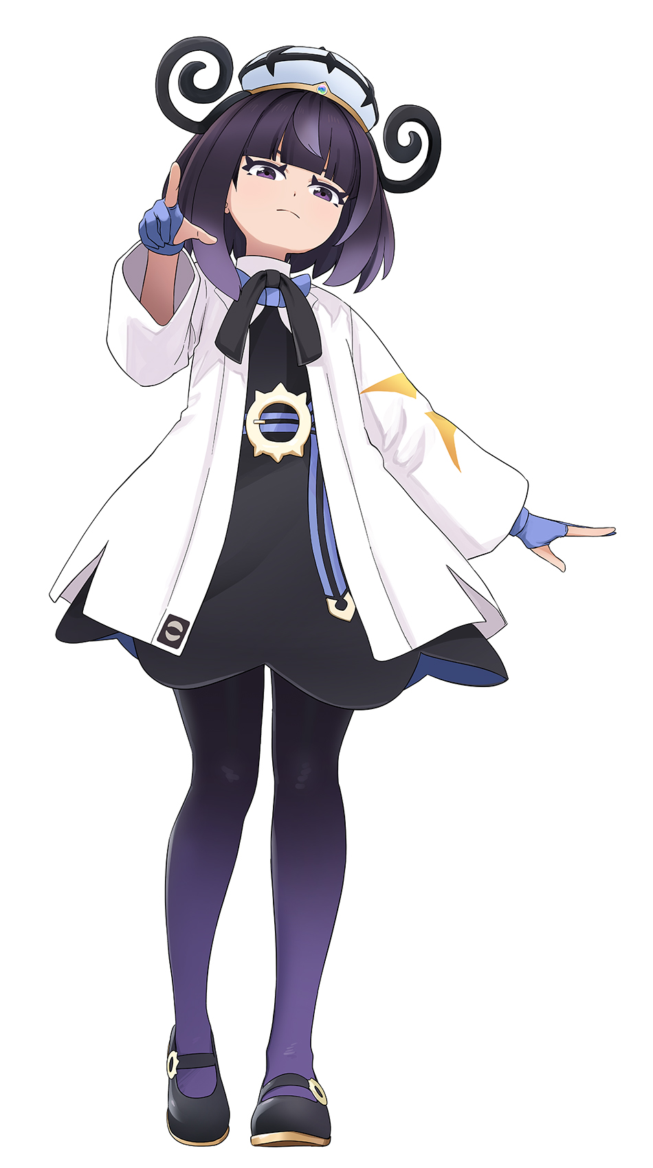 abe kanari, gwynn (pokemon), nintendo, pokemon, pokemon legends: z-a, commentary request, highres, 1girl, belt, belt buckle, black dress, blue belt, blue gloves, buckle, closed mouth, coat, dress, full body, gloves, hat, long sleeves, looking at viewer, open clothes, open coat, partially fingerless gloves, purple eyes, purple hair, short hair, solo, white background, white coat