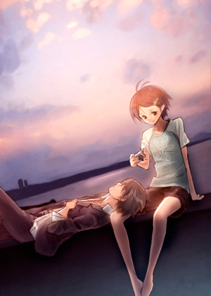 yuuki keisuke, kikuchi makoto, idolmaster, idolmaster (classic), idolmaster 1, lowres, 00s, 1boy, 1girl, barefoot, camera, evening, lap pillow, raglan sleeves, sky