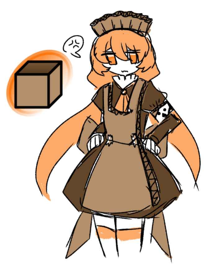 shibidayo, terebi-chan, danbooru (site), niconico, commentary, english commentary, jpeg artifacts, 1girl, anger vein, apron, armband, ascot, brown apron, brown dress, cardboard, cardboard clothes, closed mouth, cowboy shot, danbooru-tan, dress, hair between eyes, juliet sleeves, logo, long hair, long sleeves, looking down, maid, maid headdress, official alternate design, orange ascot, orange eyes, orange hair, orange thighhighs, puffy long sleeves, puffy sleeves, simple background, single horizontal stripe, solo, spoken anger vein, tape, thighhighs, twintails, very long hair, wavy mouth, white armband, white background, white thighhighs