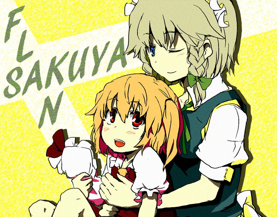 itsuki kuro, flandre scarlet, izayoi sakuya, embodiment of scarlet devil, touhou, silver hair, bad id, bad pixiv id, 2girls, blonde hair, blue eyes, character name, female focus, multiple girls, one eye closed, red eyes, ribbon, short hair, wink