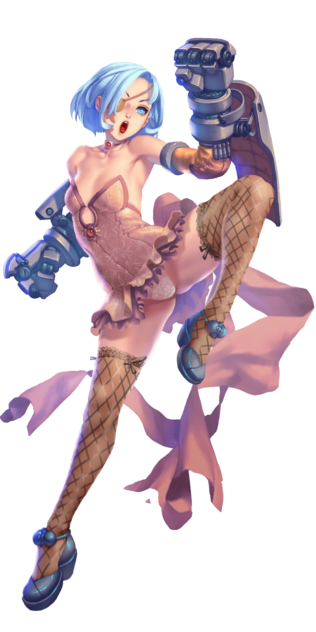 crystal maiden (series), artist request, bad source, game cg, highres, official art, third-party source, variant set, 1girl, bare shoulders, blue eyes, blue hair, breasts, collar, detached sleeves, eyepatch, full body, litza (crystal maidens), open mouth, panties, power fist, shouting, small breasts, solo, standing, standing on one leg, transparent background, underwear