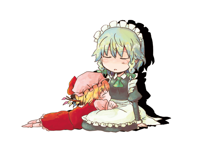 itsuki kuro, flandre scarlet, izayoi sakuya, touhou, bad id, bad pixiv id, 2girls, braid, chibi, closed eyes, female focus, hairband, hat, maid, multiple girls, ribbon, simple background, sleeping, twin braids, white background