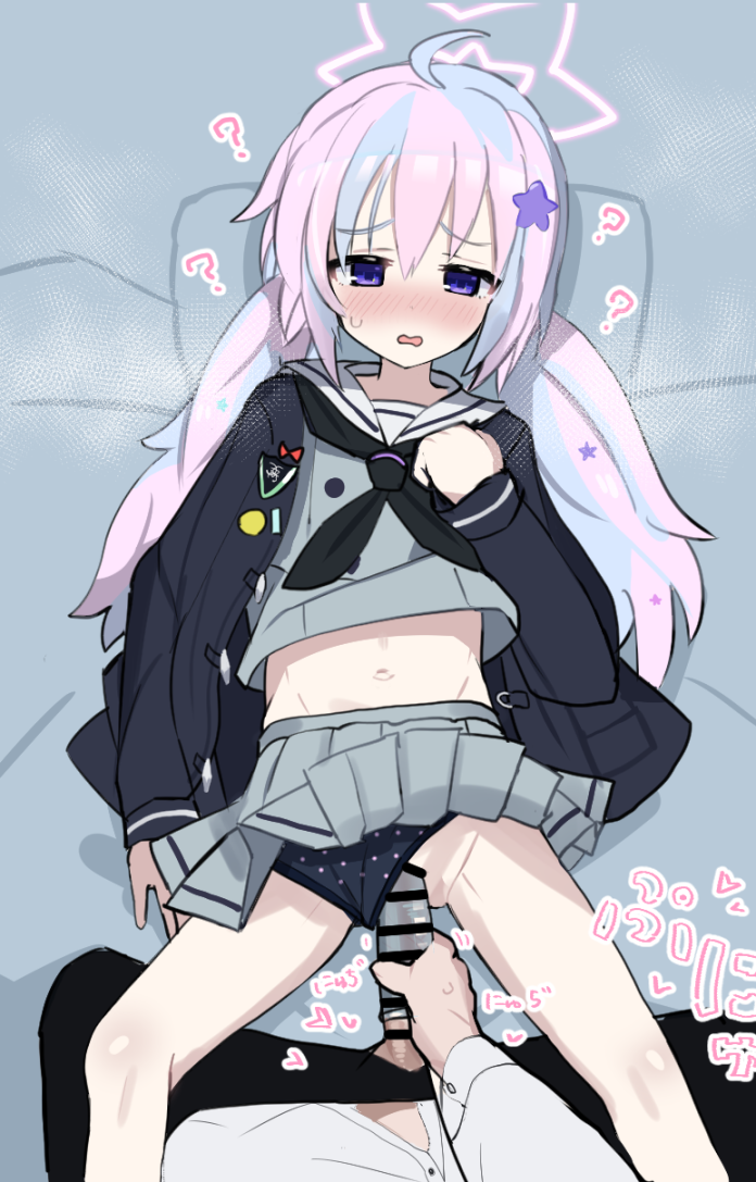 hagire nuno, reisa (blue archive), blue archive, commentary, 1boy, 1girl, ?, ahoge, black neckerchief, black panties, blue hair, blush, condom, condom on penis, grey serafuku, grey shirt, grey skirt, hair ornament, halo, imminent penetration, jacket, long hair, long sleeves, lying, midriff, multicolored hair, navel, neckerchief, on back, on bed, open clothes, open jacket, panties, penis, pink hair, pink halo, pleated skirt, purple eyes, raised inner eyebrows, sailor collar, school uniform, serafuku, shirt, skirt, star (symbol), star hair ornament, star halo, sweatdrop, twintails, two-tone hair, underwear, white sailor collar