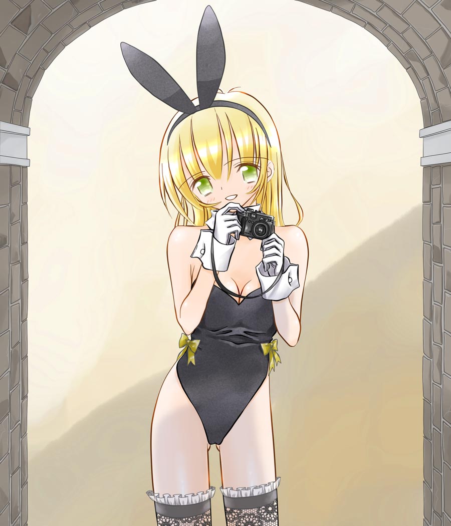 katao kapiroshi, animal ears, blonde hair, camera, fake animal ears, gloves, green eyes, long hair, playboy bunny, rabbit ears, solo, thighhighs