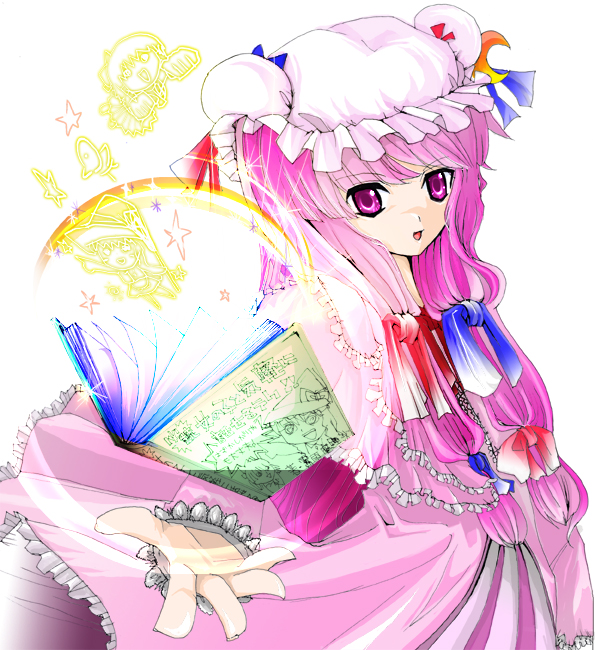 koeda-suman, patchouli knowledge, touhou, bad id, bad pixiv id, 1girl, book, female focus, purple eyes, purple hair, ribbon, solo