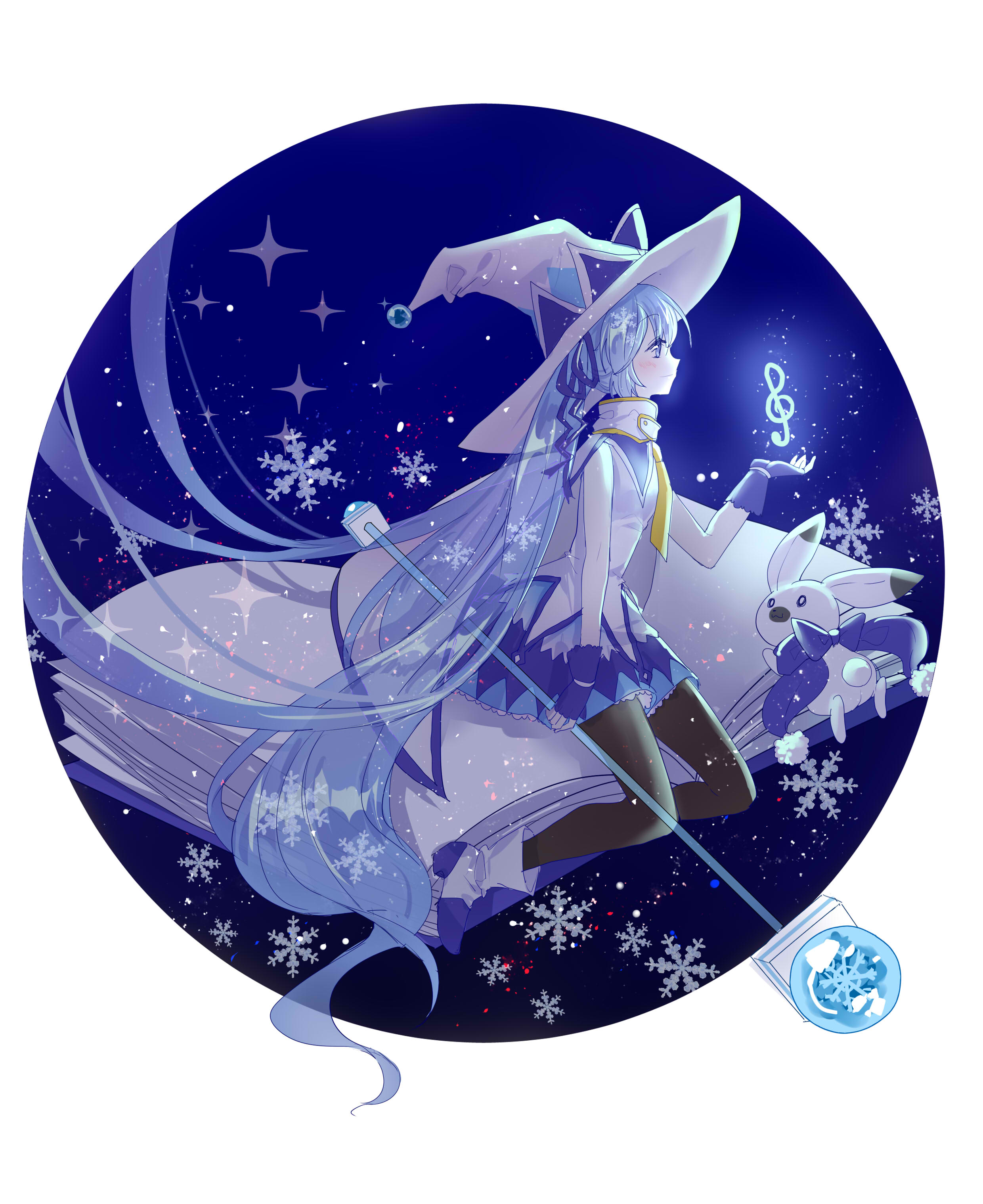 mochizuki inochi, hatsune miku, rabbit yukine, yuki miku, vocaloid, absurdres, highres, 1girl, bare shoulders, black pantyhose, blue background, blue gloves, blue hair, blue ribbon, blue skirt, blush, closed mouth, fingerless gloves, from side, full body, gloves, hair ribbon, hat, long hair, necktie, pantyhose, pleated skirt, rabbit, ribbon, shirt, skirt, sleeveless, sleeveless shirt, smile, solo, twintails, very long hair, white hat, white shirt, witch hat, yellow necktie