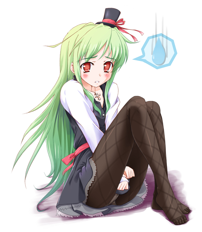 yuurei yashiki, original, bad id, bad pixiv id, 1girl, blush, crotch seam, feet, female focus, green hair, hat, long hair, orange eyes, panties, panties under pantyhose, pantyhose, pantyshot, solo, underwear, upskirt