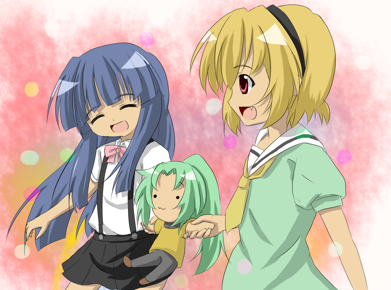 makai no koutaishi, furude rika, houjou satoko, sonozaki mion, higurashi no naku koro ni, 00s, 2girls, blonde hair, blue hair, bow, character doll, closed eyes, doll, dress, fang, hairband, happy, long hair, multiple girls, pink bow, red eyes, sailor dress