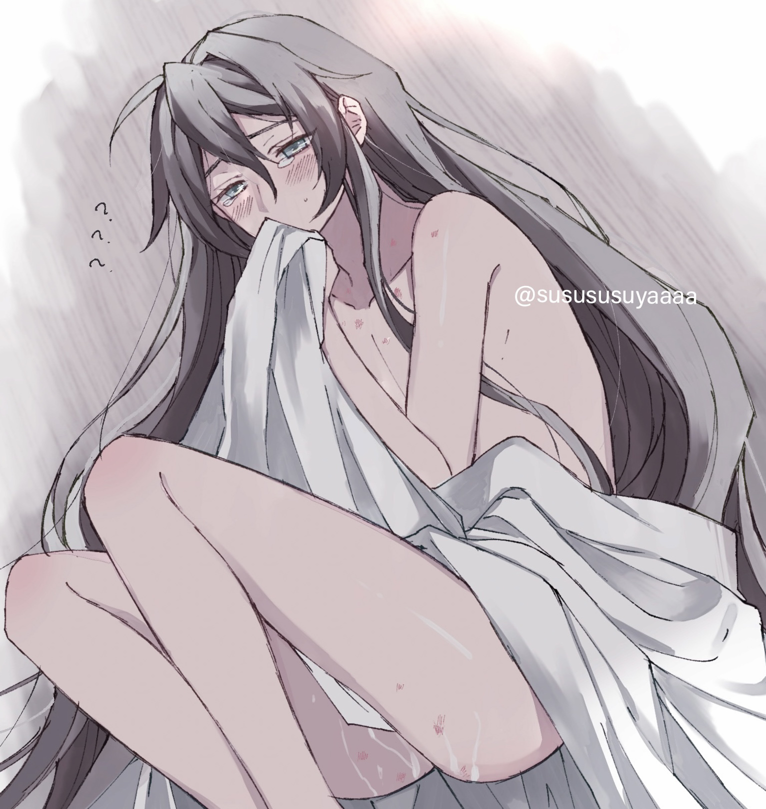 wei wuxian, modao zushi, highres, 1boy, ?, aftersex, ahoge, alternate hairstyle, androgynous, bed sheet, black hair, blanket, blush, clothes grab, collarbone, covering privates, crying, crying with eyes open, cum, cum in ass, cum on ass, cum on body, cum on male, grey eyes, hair between eyes, hair down, hickey, long hair, lying, male focus, messy hair, naked sheet, nude, on ground, on side, pectorals, sheet grab, sidelocks, solo, sweat, tears, trap, twitter username, very long hair, yaichi00