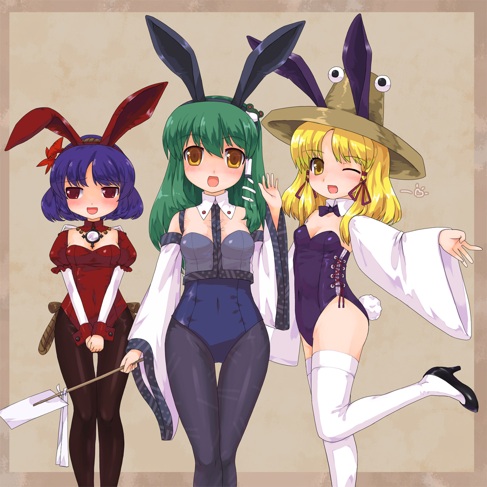 ktsecond, kochiya sanae, moriya suwako, yasaka kanako, touhou, bad id, bad pixiv id, 3girls, animal ears, blonde hair, blue hair, blush, detached sleeves, female focus, green hair, hair ornament, hairband, hat, leaf hair ornament, long hair, multiple girls, one eye closed, pantyhose, playboy bunny, purple hair, rabbit ears, red eyes, short hair, thigh gap, thighhighs, thighs, wink, yellow eyes