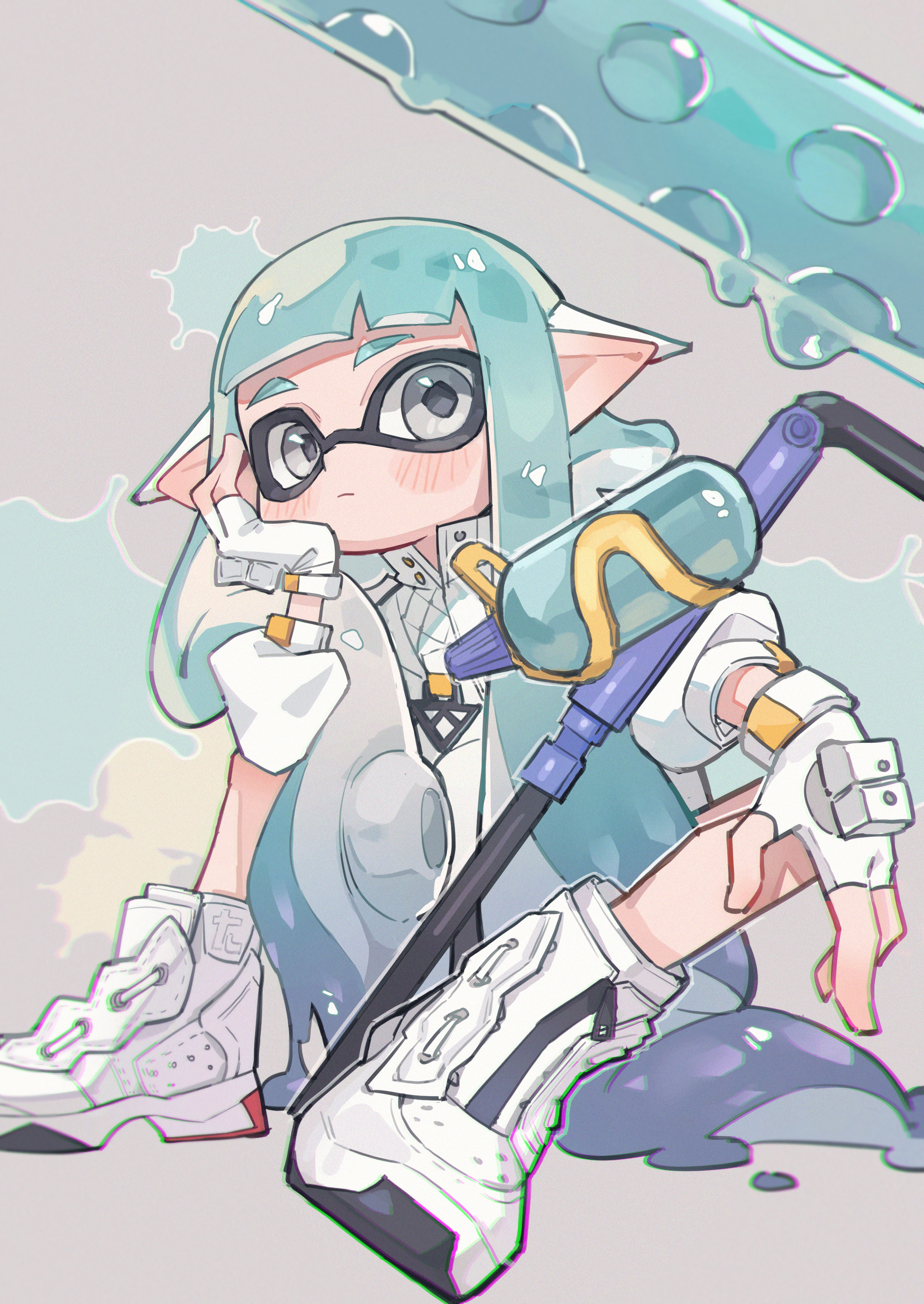 mochizuki inochi, inkling boy, inkling player character, nintendo, splatoon (series), absurdres, commentary request, highres, 1boy, blue hair, blunt bangs, blush stickers, boots, closed mouth, fingerless gloves, full body, gloves, grey background, grey eyes, head rest, inkling, long hair, long sleeves, looking at viewer, male focus, pointy ears, shirt, sitting, solo, splat roller (splatoon), tentacle hair, thick eyebrows, white boots, white gloves, white shirt